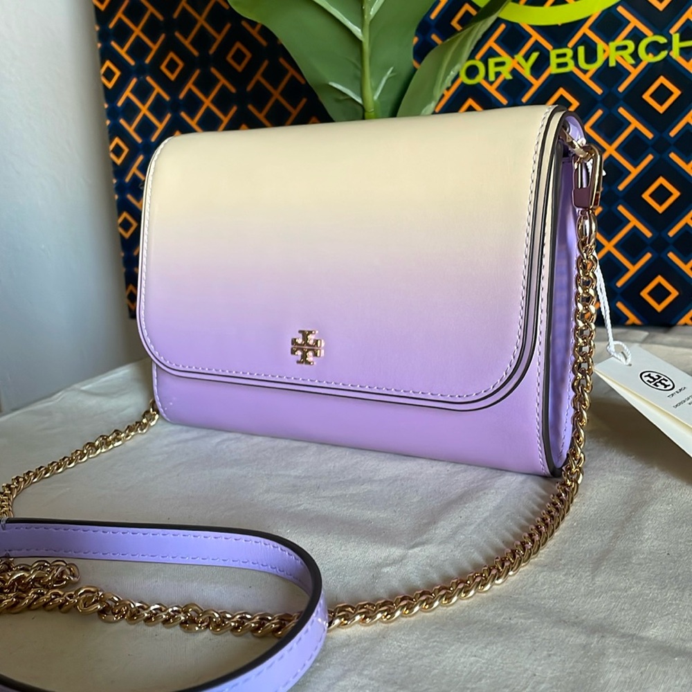 NWT tory burch Emerson dip dye chain crossbody wallet sweet corn lavender